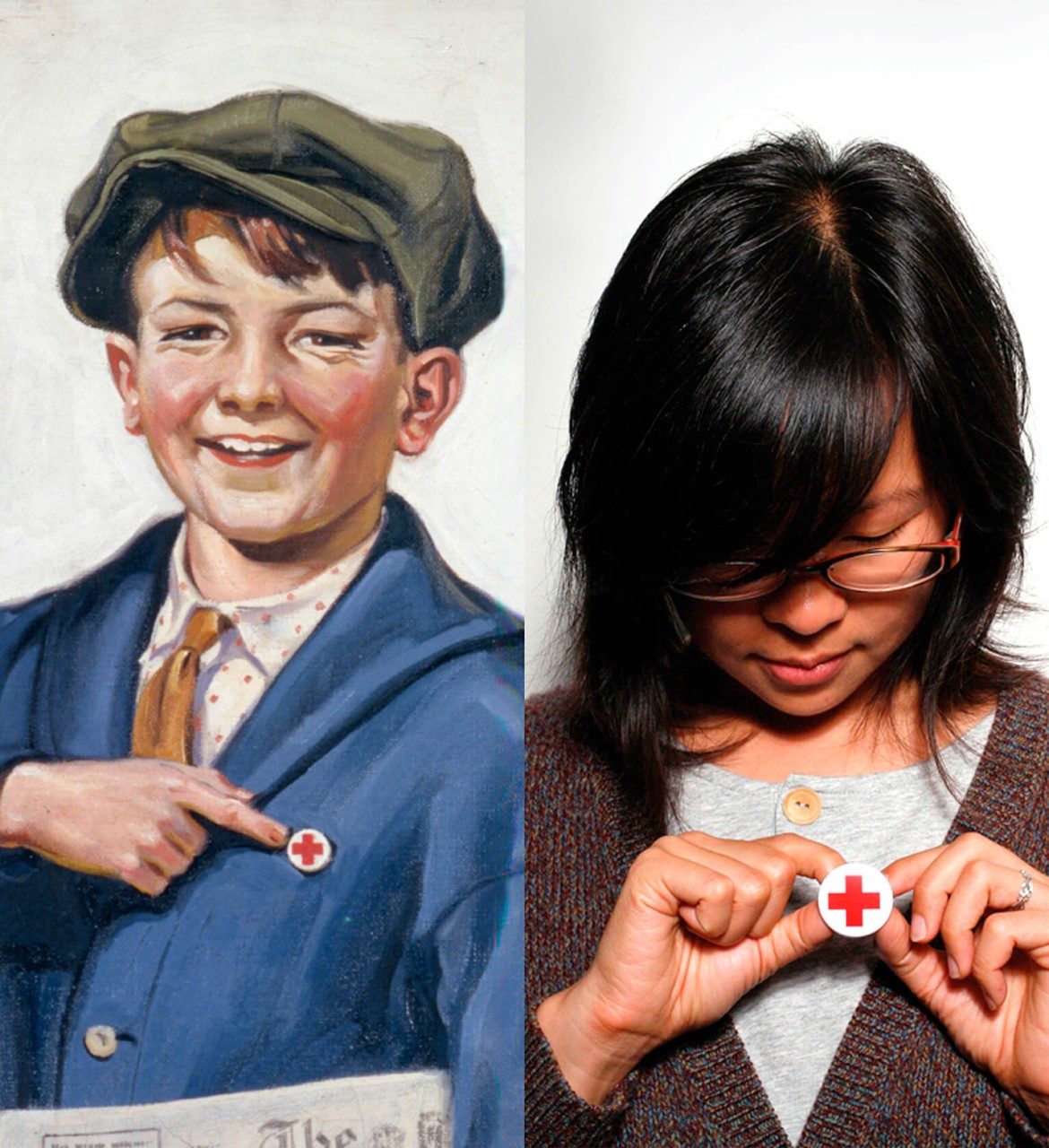 people wear red cross buttons