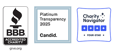 Logos for Better Business Bureau Accredited Charity; Candid Platinum Transparency, and Four Star Charity Navigator rating.